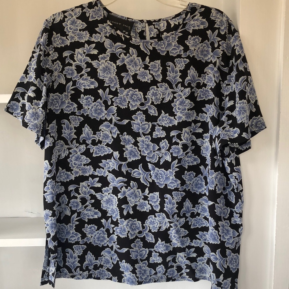 Vintage August Silk 100% Silk Black and Blue Floral Women's Shirt Top Size 16